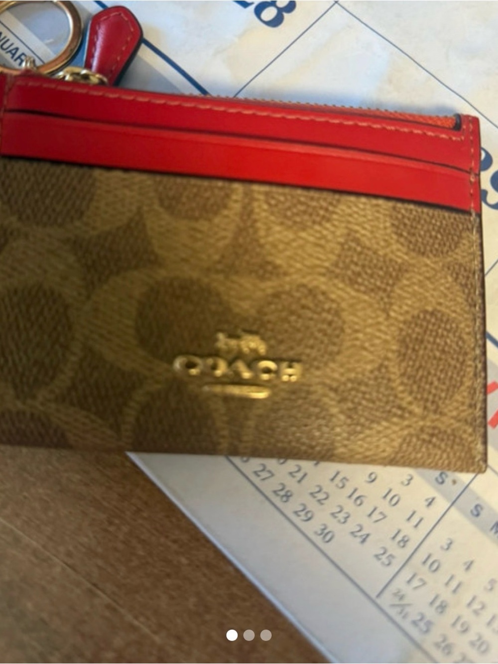 Coach Brown Signature Canvas Card Holder with Red Trim